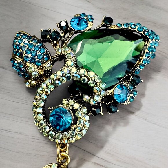 Large Statement Brooch Green Blue Peacock Dangling Glass Stones Gold Tone 3 in - Picture 2 of 4